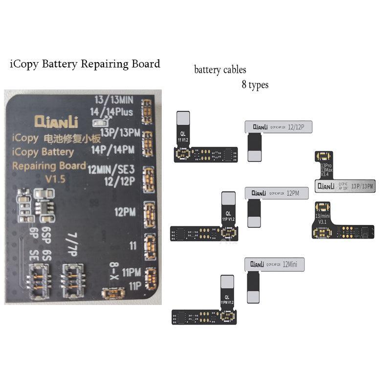 Qianli Copy Power Battery Flex Cable for iPhone 11-14 Pro Max, used with PHONEFIX battery tester tool, showing flex cable components.