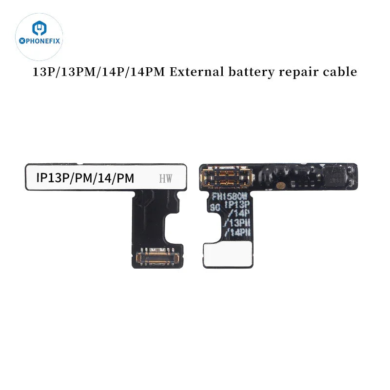 PHONEFIX battery tester tool with pre-programmed battery tag-on flex cable for iPhone 11 to 15 Pro Max, showing connector and flex cable.