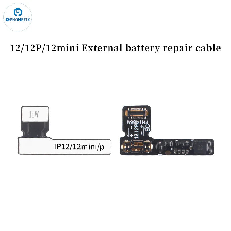 PhoneFix pre-programmed battery tag-on flex cable for iPhone 11-15 Pro Max, used as a battery tester tool with flexible cable design.