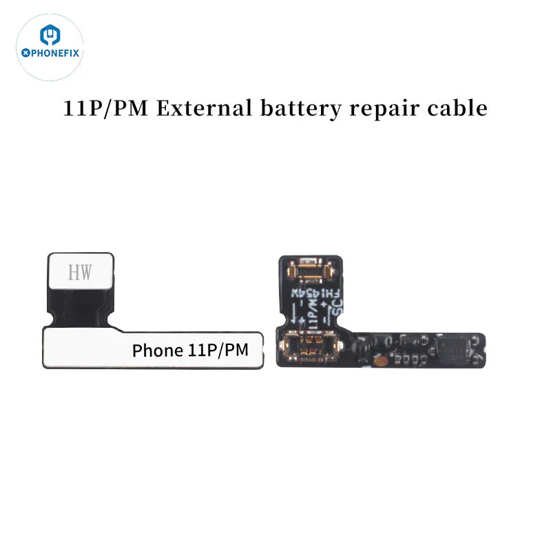 Pre-programmed battery tag-on flex cable for iPhone 11-15 Pro Max battery tester tool by PHONEFIX, showing the flex cable and connector.