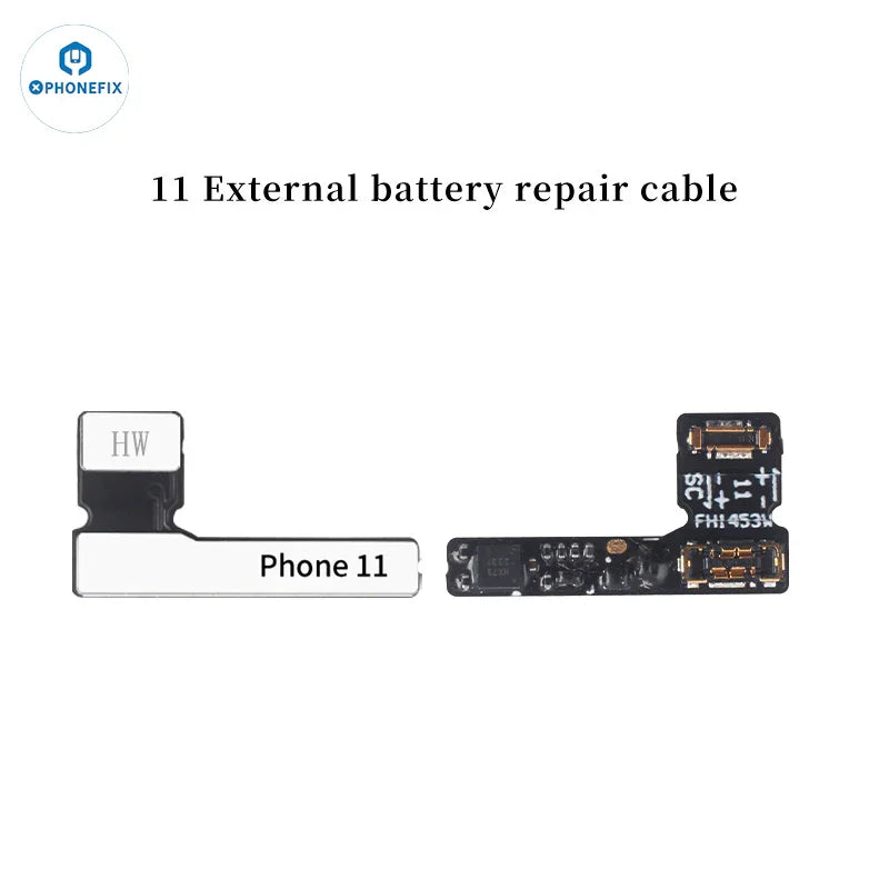 Pre-programmed battery tag-on flex cable for iPhone 11-15 Pro Max, used as a battery tester tool by PHONEFIX.