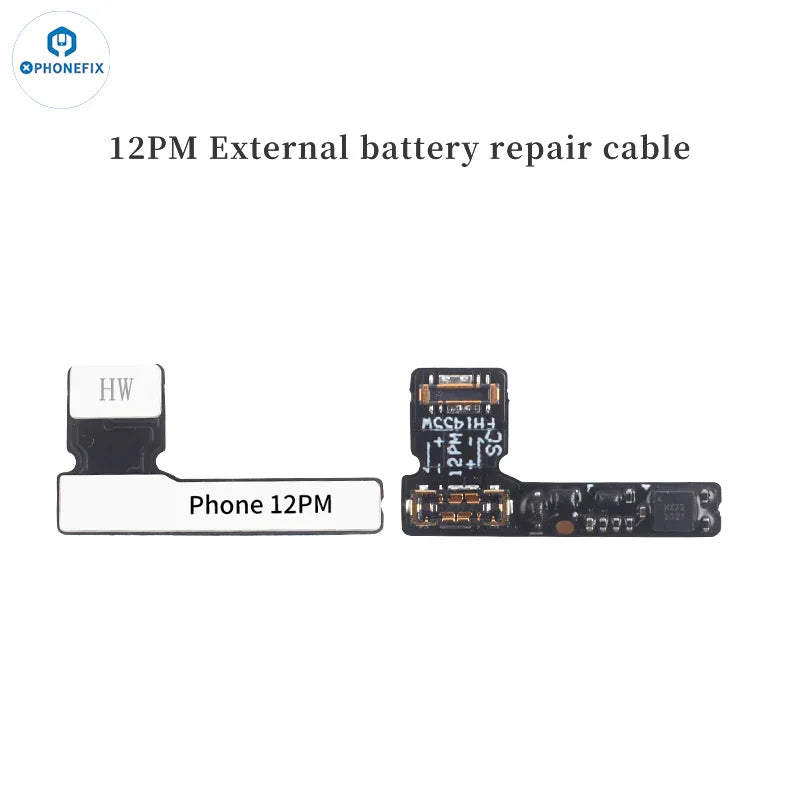 PhoneFix pre-programmed battery tag-on flex cable for iPhone 11-15 Pro Max battery tester tool, with connector and flex cable visible.