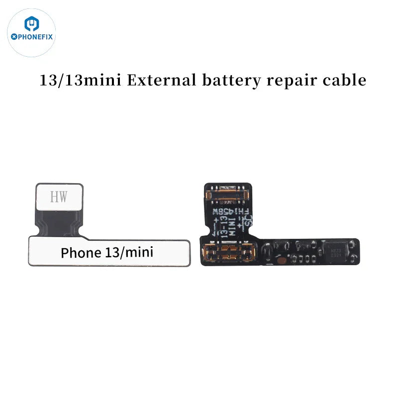 PHONEFIX battery tester tool with pre-programmed battery tag-on flex cable for iPhone 11 to 15 Pro Max, showing the flex cable and connectors.