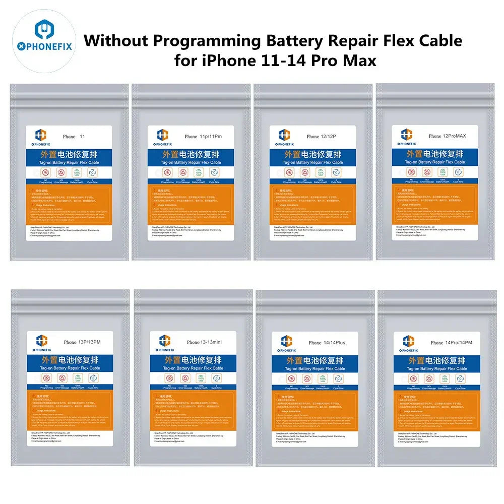 Pre-programmed battery tag-on flex cable for iPhone 11-15 Pro Max, PHONEFIX battery tester tool with connector and flex cable.