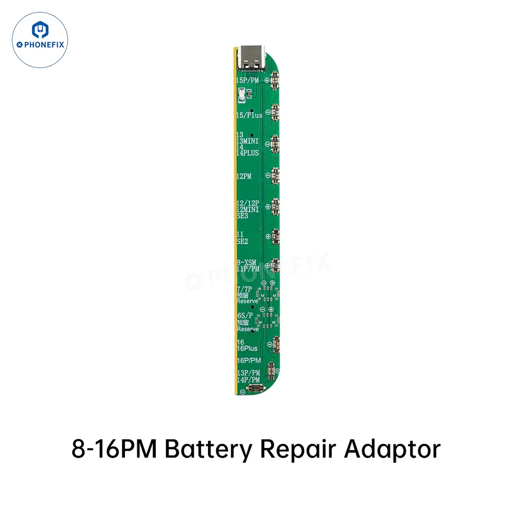PHONEFIX JCID 4th Gen Tag-on Battery Repair FPC for iPhone 11-16 Pro Max, battery tester tool connected to circuit board.
