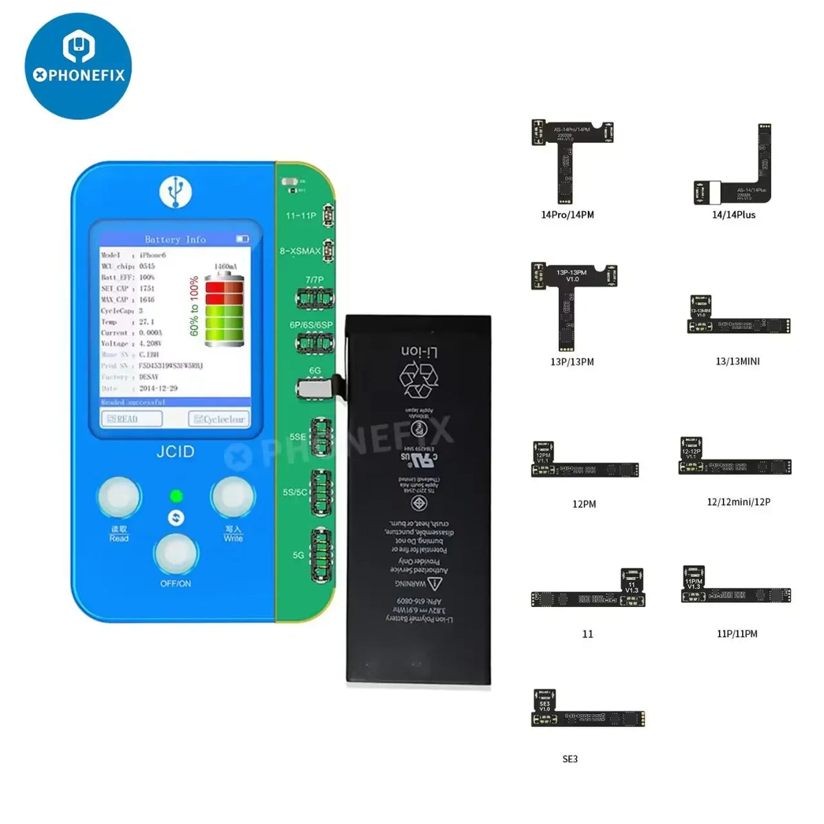 PHONEFIX JC built-in battery repair flex cable for iPhone 11-14 Pro Max, used as a battery tester tool in repair processes.