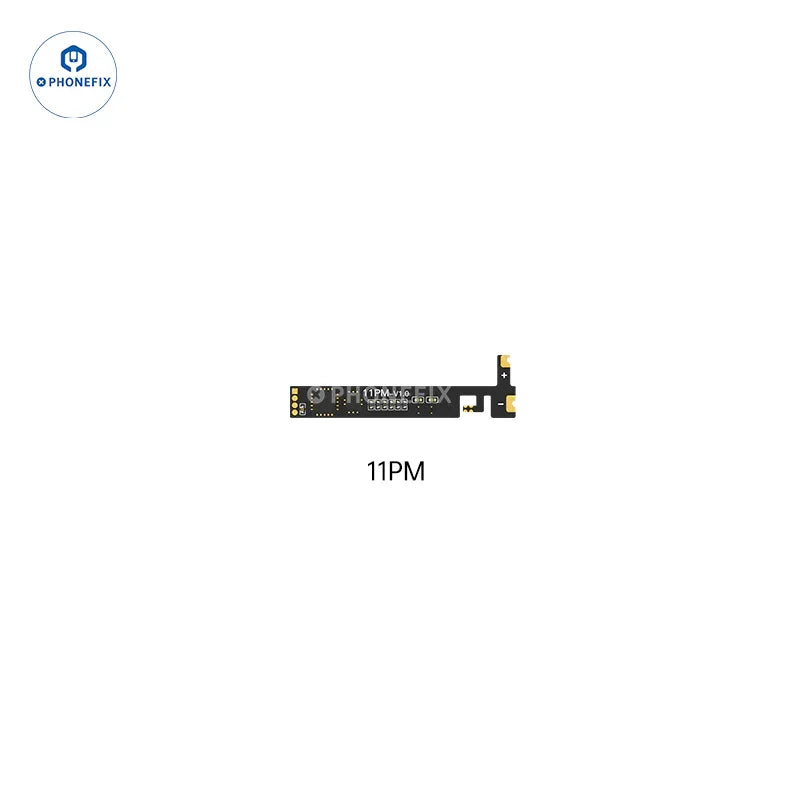 PHONEFIX iPhone 11-14 Pro Max built-in battery repair flex cable and battery tester tool, with connectors and flexible cable visible.
