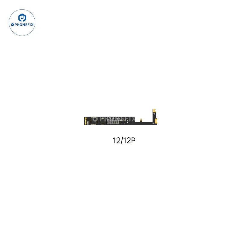 PHONEFIX iPhone 11-14 Pro Max built-in battery repair flex cable and battery tester tool showing flex connector and testing interface.
