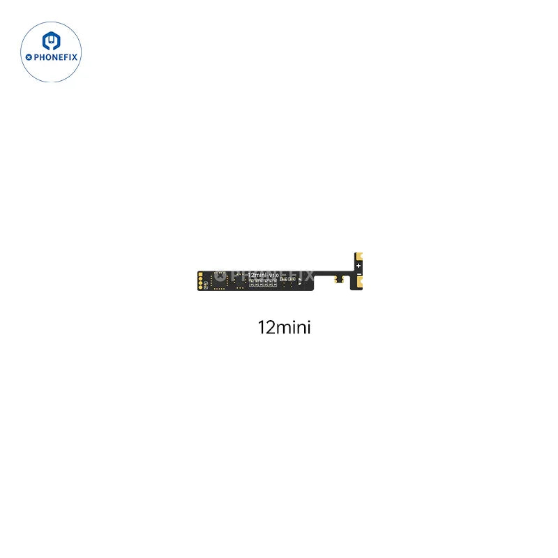 PHONEFIX iPhone 11-14 Pro Max built-in battery repair flex cable with tester tool, showing connector and flexible cable details.