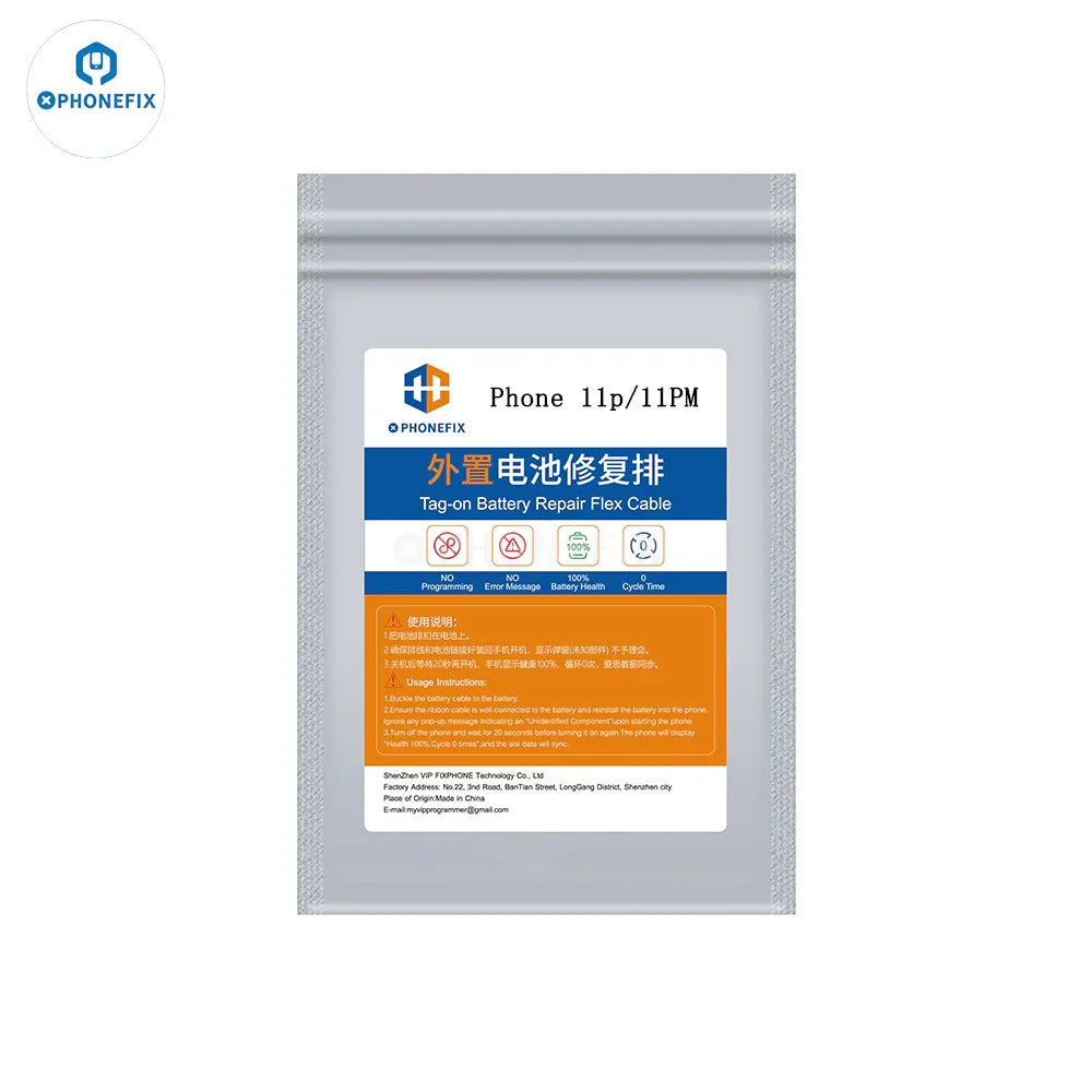 PHONEFIX iPhone 11-15 Pro Max battery repair flex cable and battery tester tool for diagnostics and repairs.