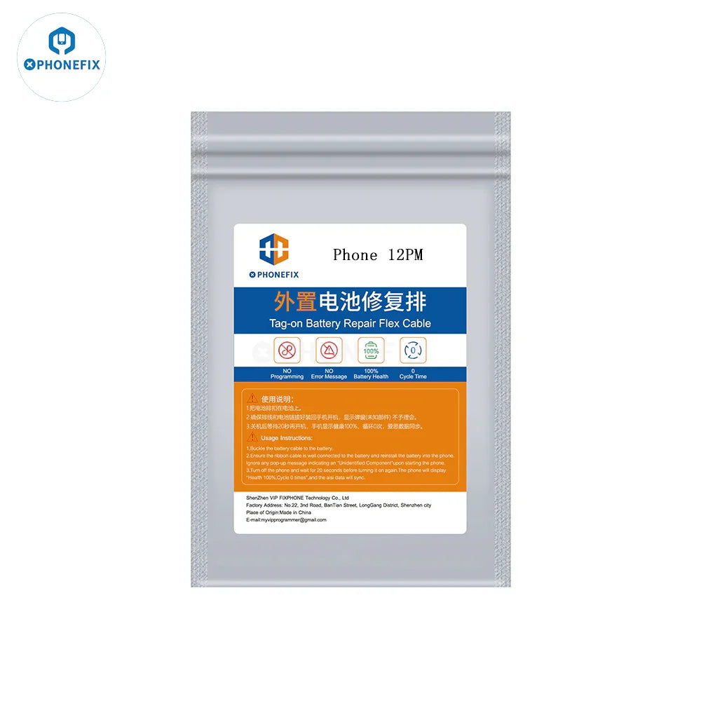 PHONEFIX battery tester tool flex cable for iPhone 11 to 15 Pro Max, used for battery repair and diagnostics.
