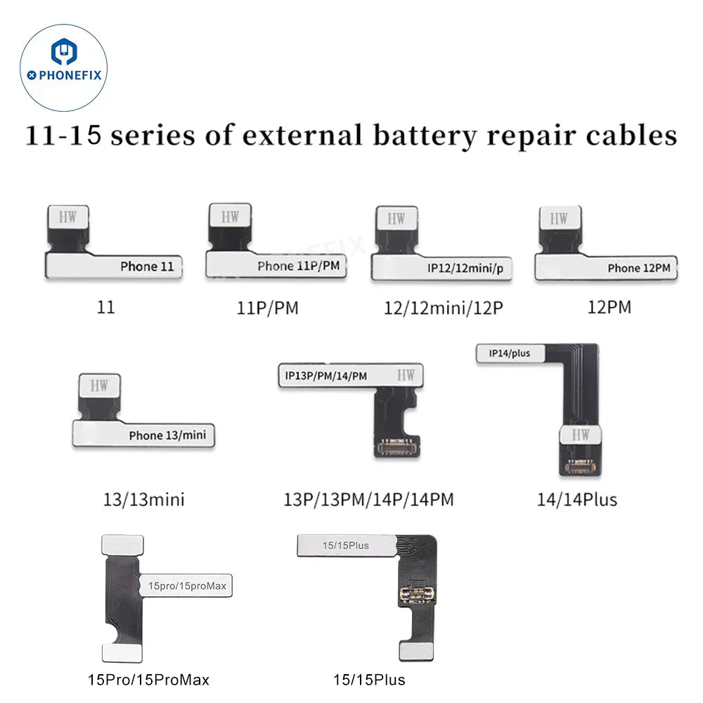 PhoneFix battery tester tool with flexible cable for iPhone 11 to 15 Pro Max battery repair and testing.