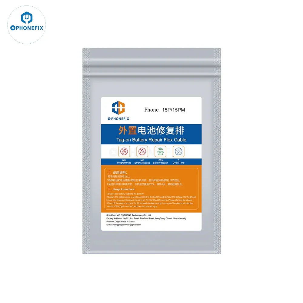 Pre-programmed battery tag-on flex cable for iPhone 11-15 Pro Max, used with PHONEFIX battery tester tool for diagnostics.
