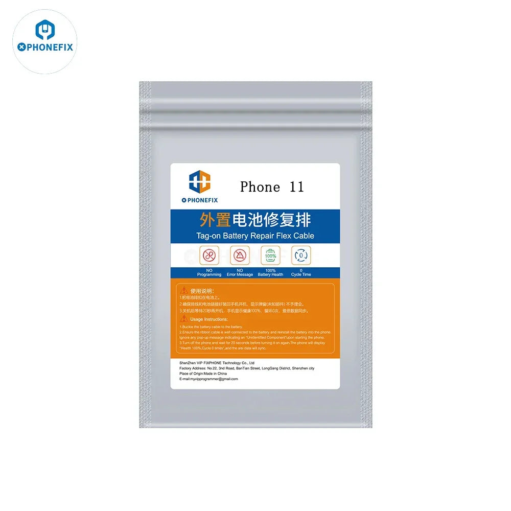 PHONEFIX battery tester tool flex cable for iPhone 11-15 Pro Max, used for testing battery repairs without programming.