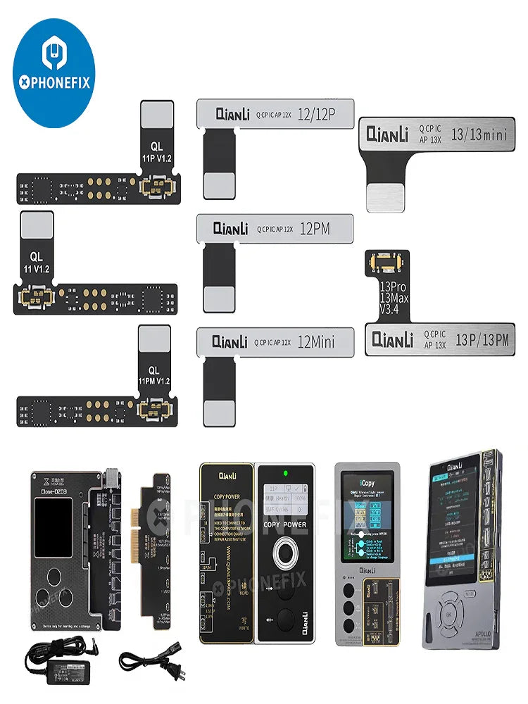 Qianli Battery Repair Flex Cable for iPhone 11-14 Pro Max, PhoneFix brand, used as a battery tester tool with flexible connector.
