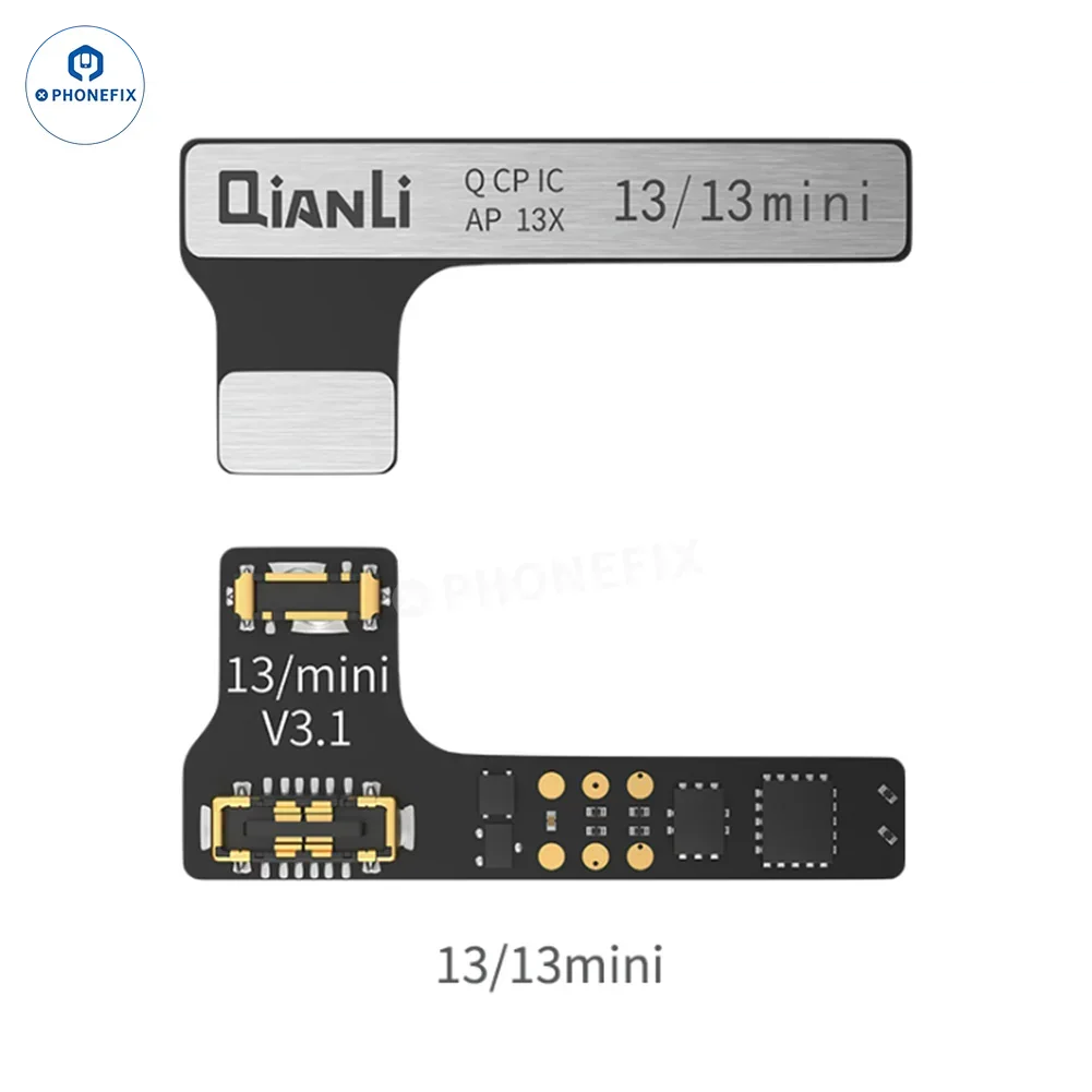 PHONEFIX Qianli Copy Power Battery Flex Cable for iPhone 11-14 Pro Max, with battery tester tool, shown with 13 mini device.