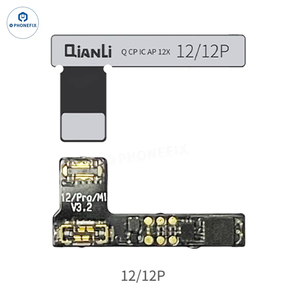 Qianli Copy Power battery flex cable and iPhone 11-14 Pro Max battery tester tool by PHONEFIX, showing the cable and testing device.