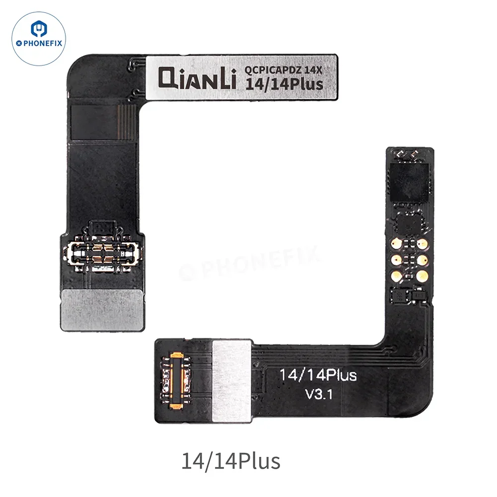 Qianli Copy Power Battery Flex Cable for iPhone 11-14 Pro Max with PHONEFIX battery tester tool, showing flexible cable and connectors.
