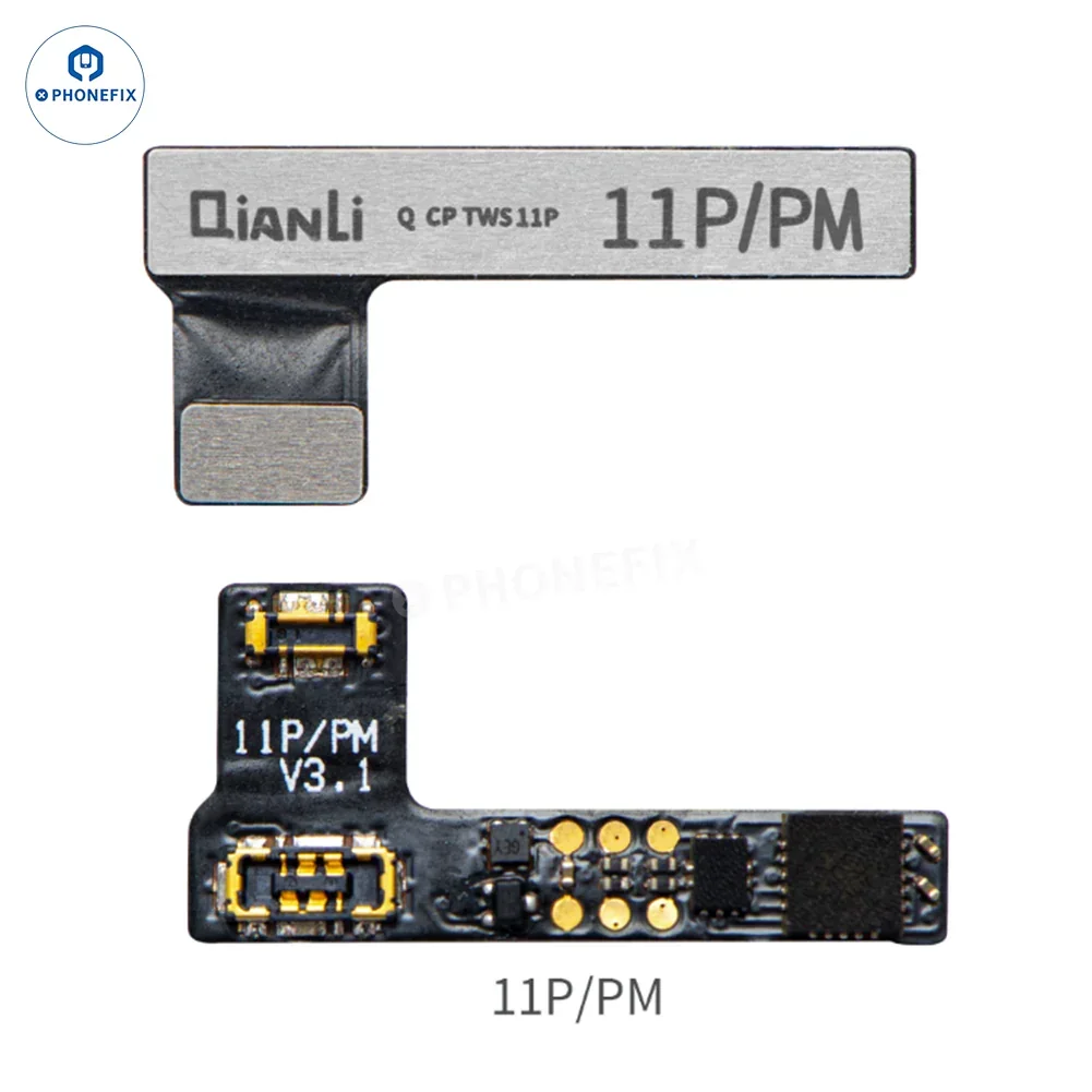 Qianli Copy Power battery flex cable for iPhone 11-14 Pro Max with PHONEFIX battery tester tool, showing flex cable and testing device.