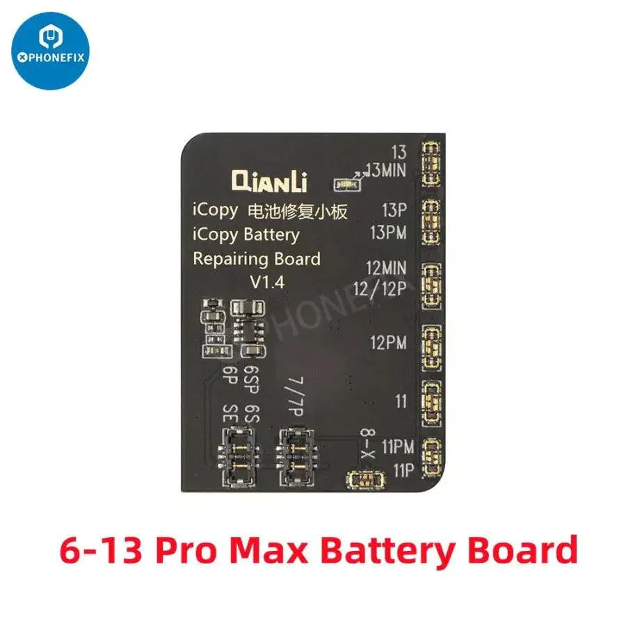 QianLi iCopy Plus Battery Board Detection Tool connected to an iPhone battery for testing and diagnostics.