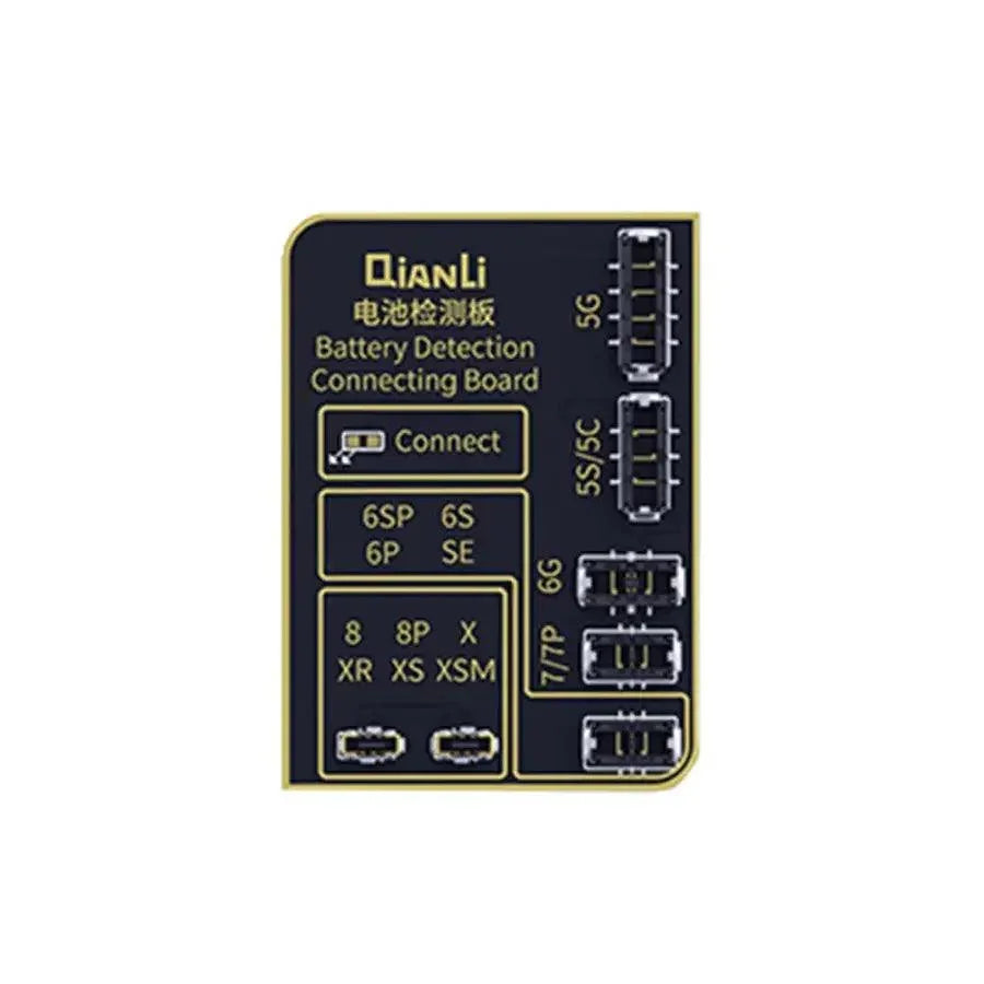 QianLi iCopy Plus Battery Board Detection Tool connecting to iPhone battery for testing and diagnostics.