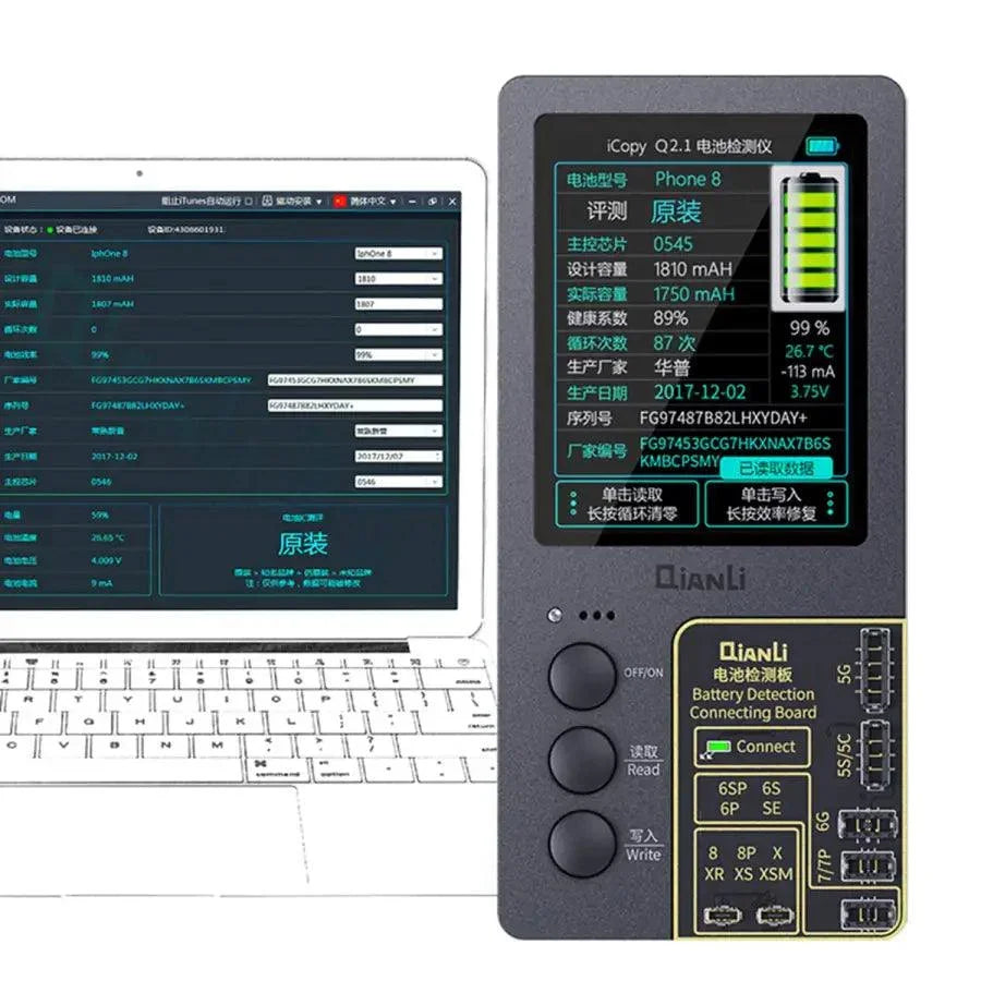 QianLi iCopy Plus Battery Board Detection Tool connecting to iPhone battery for testing and diagnostics.