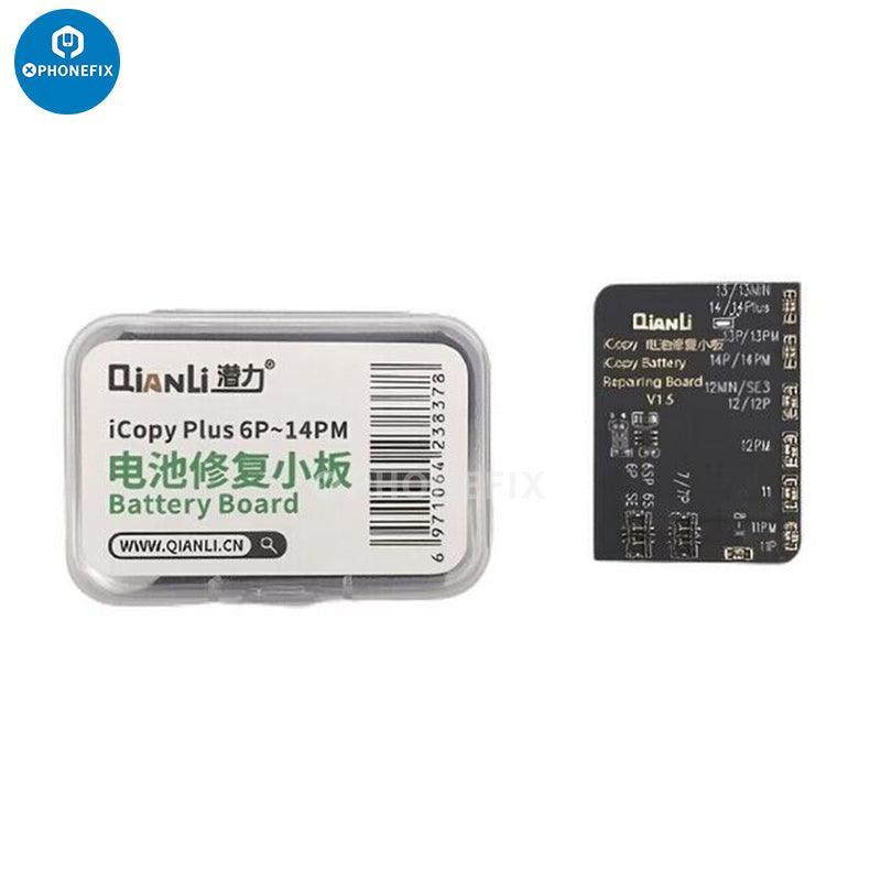 QianLi iCopy Plus Battery Board Detection Tool connecting to iPhone battery for testing and diagnostics by PHONEFIX.