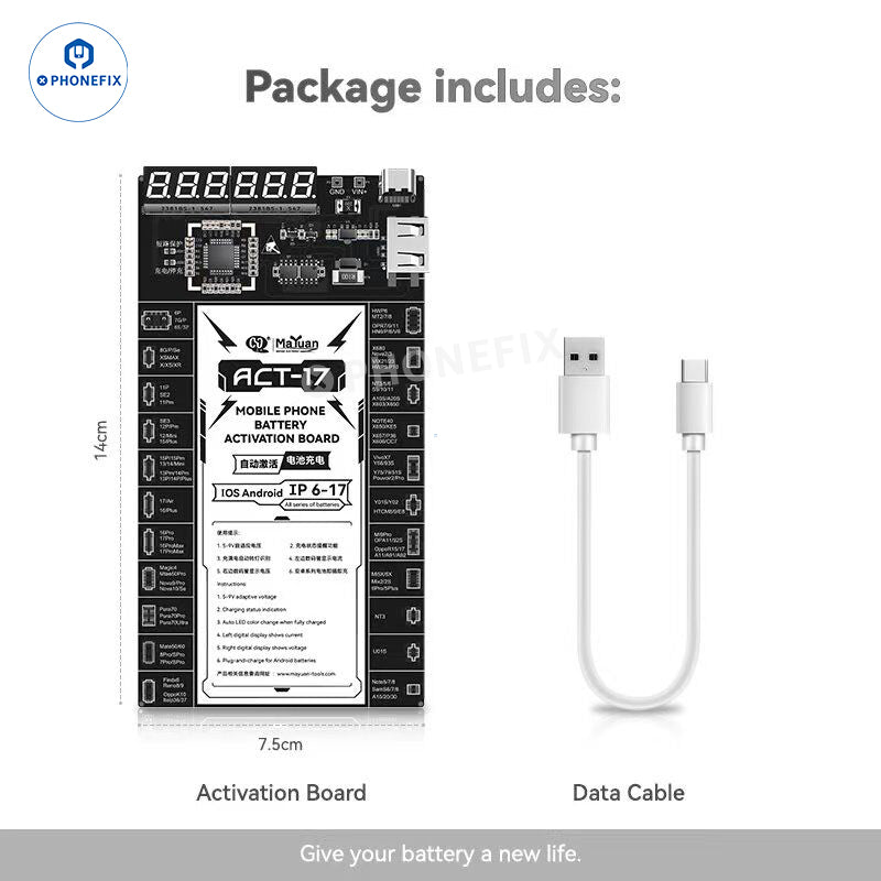 PHONEFIX MaYuan ACT-17 battery activation board for iPhone 6-17 and Android, used as a battery tester tool.