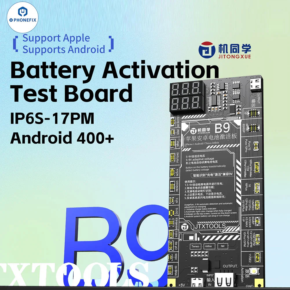 PHONEFIX JTX B9 battery activation board for iPhone 6S to Pro Max and Android devices, used as a battery tester tool.