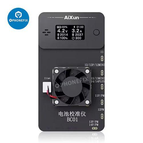 Aixun BC01 battery health calibrator for iPhone 11 to 14 Pro Max, PHONEFIX battery tester tool on white background.