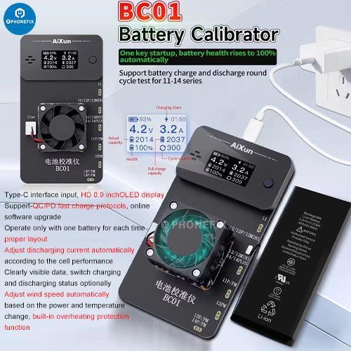 Aixun BC01 battery health calibrator for iPhone 11 to 14 Pro Max by PHONEFIX, showing the compact battery tester tool in use.