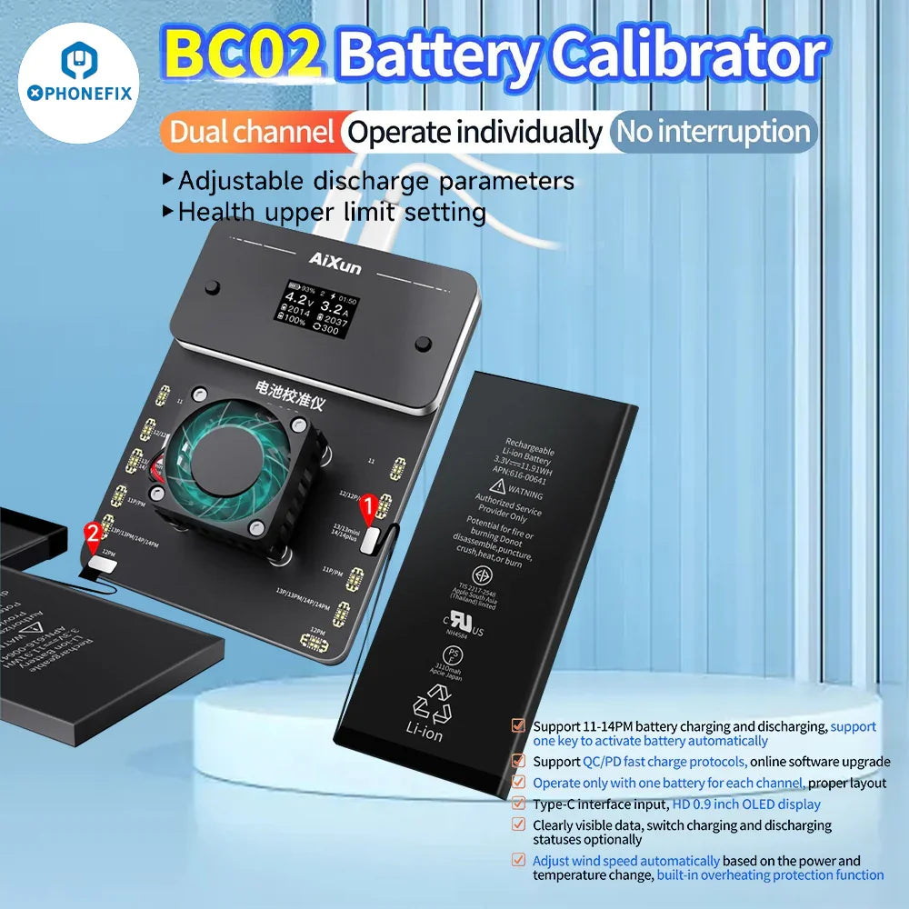 PHONEFIX Aixun BC02 battery health calibrator for iPhone 11-14 Pro Max, showing the battery tester tool with display screen.