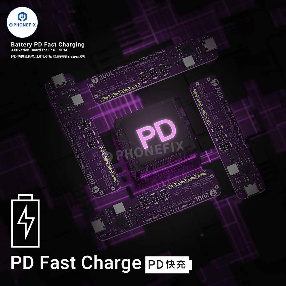PhoneFix 2UUL BT01 iPhone PD Fast Charging Activation Board with BT02 Battery Connector for testing and repairing batteries.