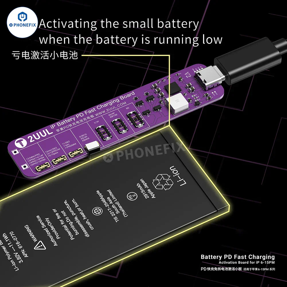 PhoneFix 2UUL BT01 iPhone PD fast charging activation board with BT02 battery connector, used as a battery tester tool.
