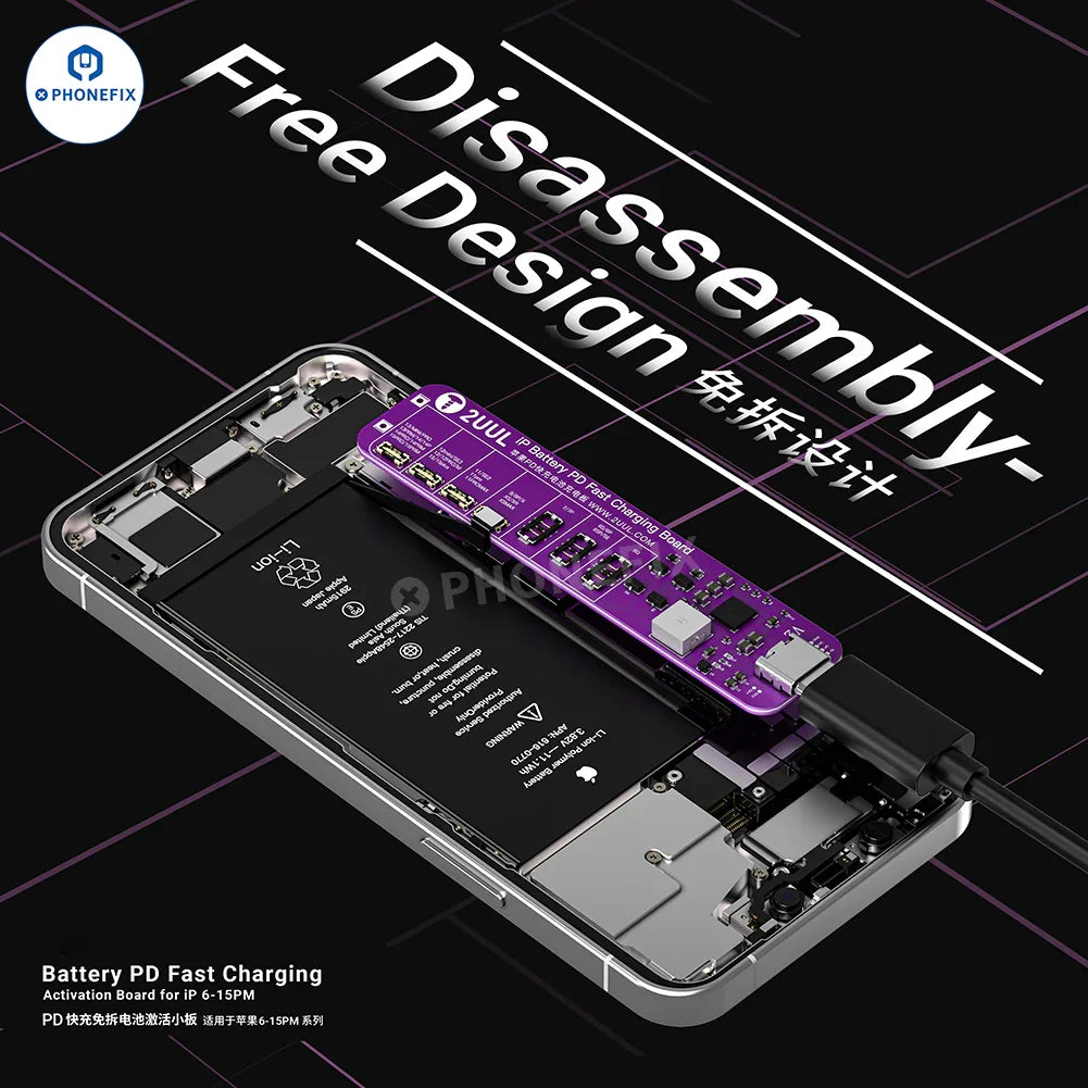 PHONEFIX BT01 iPhone PD fast charging activation board with BT02 battery connector, used as a battery tester tool for iPhone repairs.