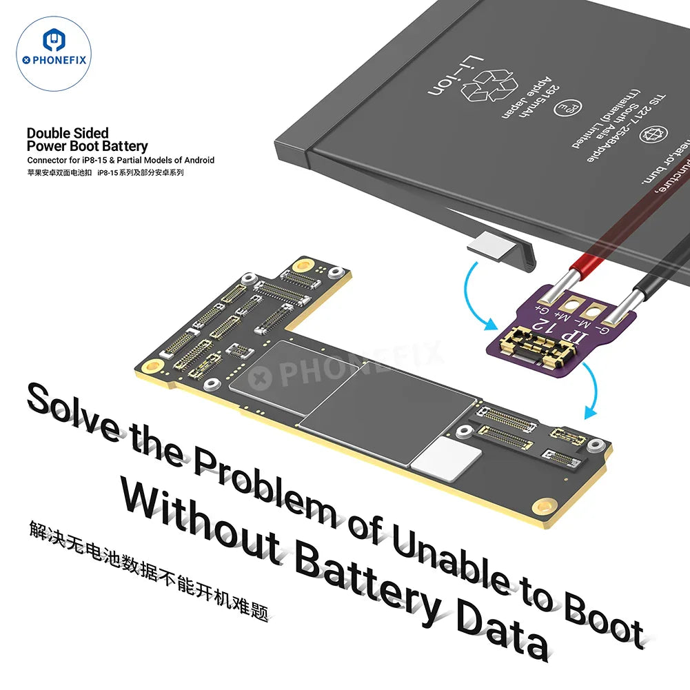 PHONEFIX 2UUL BT01 iPhone PD fast charging activation board and BT02 battery connector for testing and repair work.
