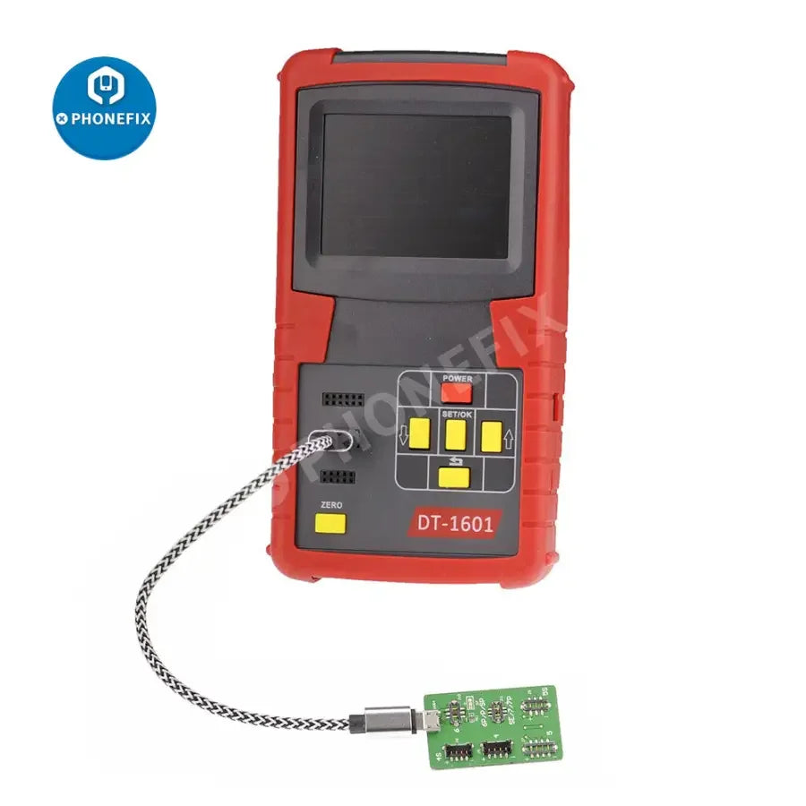 PHONEFIX DT-1601 digital battery tester for iPhone 4 to 7P, analyzing battery properties and health.