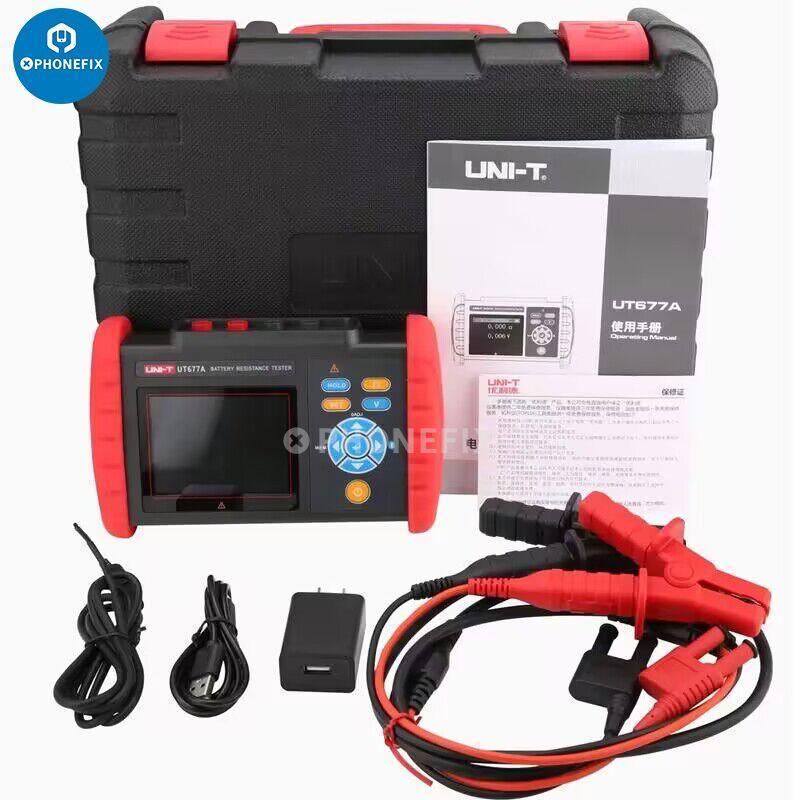 PhoneFix UNI-T UT677A battery tester tool displaying resistance, voltage, and temperature readings for battery analysis.