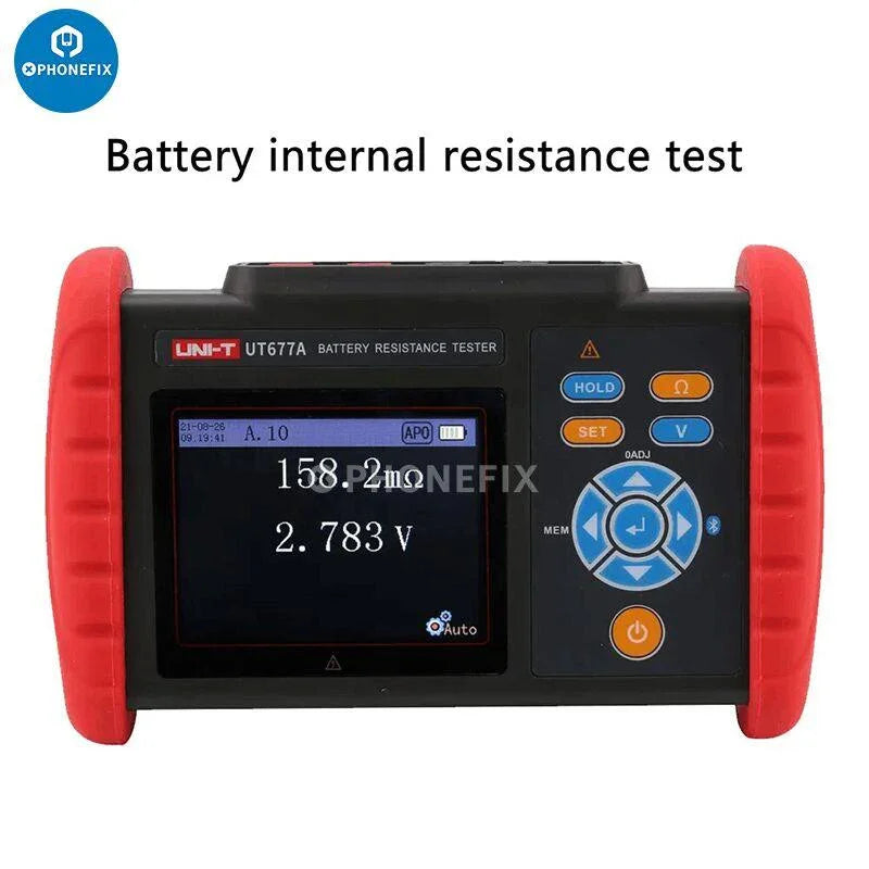 UNI-T UT677A battery resistance tester with voltage and temperature measurement, used for testing phone batteries.