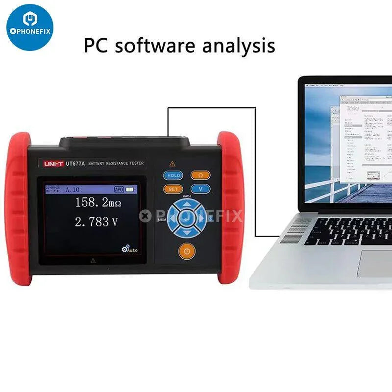 PhoneFix UNI-T UT677A battery resistance tester displaying voltage, resistance, and temperature readings on a digital screen.