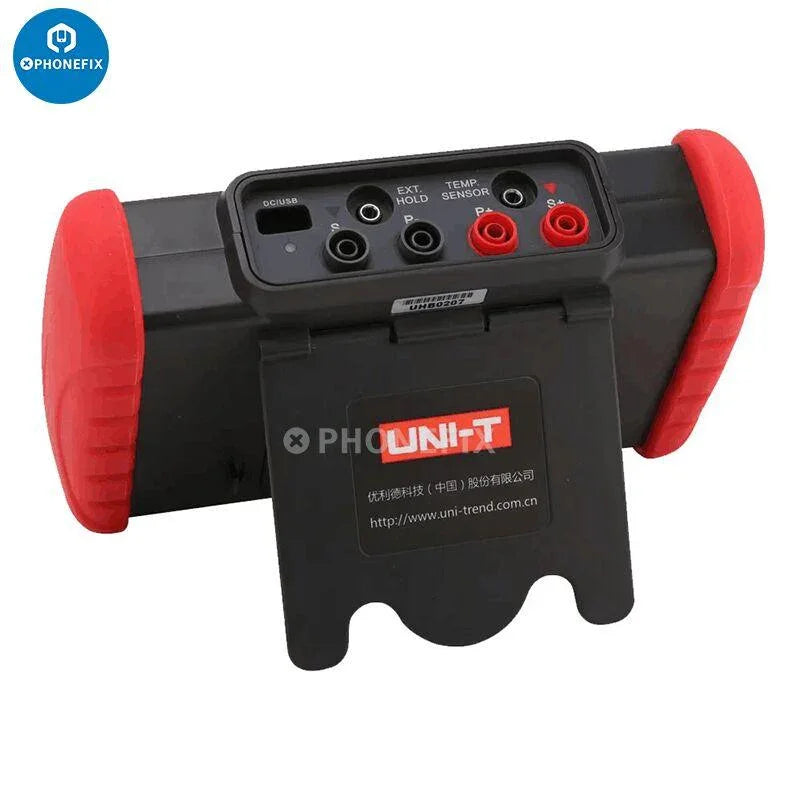 PhoneFix UNI-T UT677A battery resistance tester showing digital display with voltage, resistance, and temperature readings.