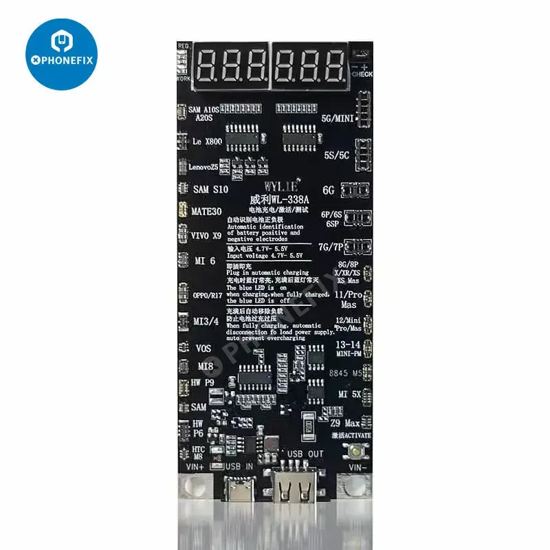 PHONEFIX WL-338A battery activation board for iPhone 6 to Pro Max and Android phones, used as a battery tester tool.