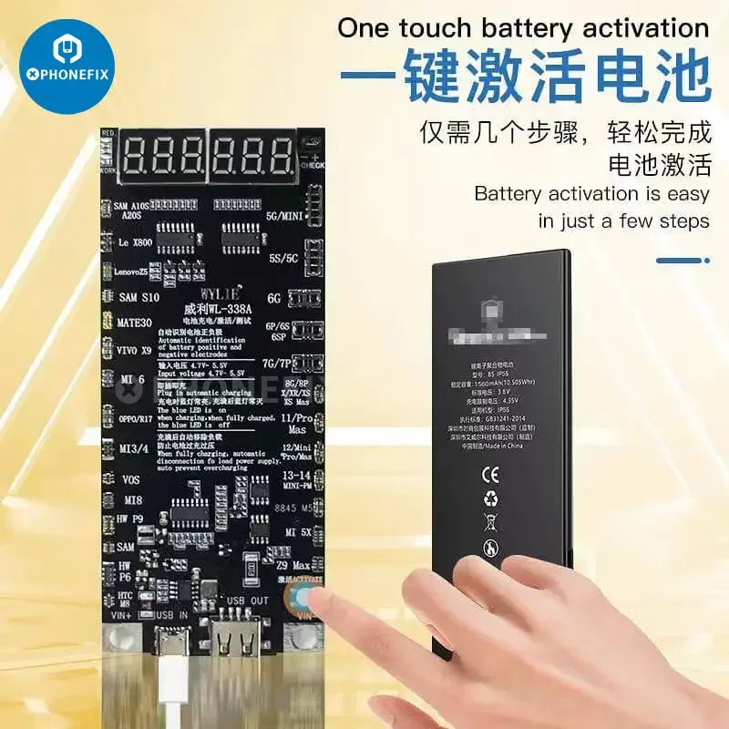 PhoneFix WL-338A battery activation board and tester tool for iPhone 6 to Pro Max and Android devices, shown with testing ports and components.