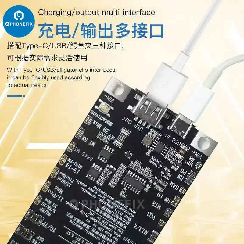 PHONEFIX WL-338A battery activation board for iPhone 6 to 15 Pro Max and Android, shown as a compact battery tester tool.
