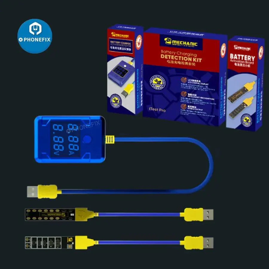 PHONEFIX Mechanic iTest Pro Battery Charging Test Kit for Apple and Android phones, versatile battery tester tool for phones.