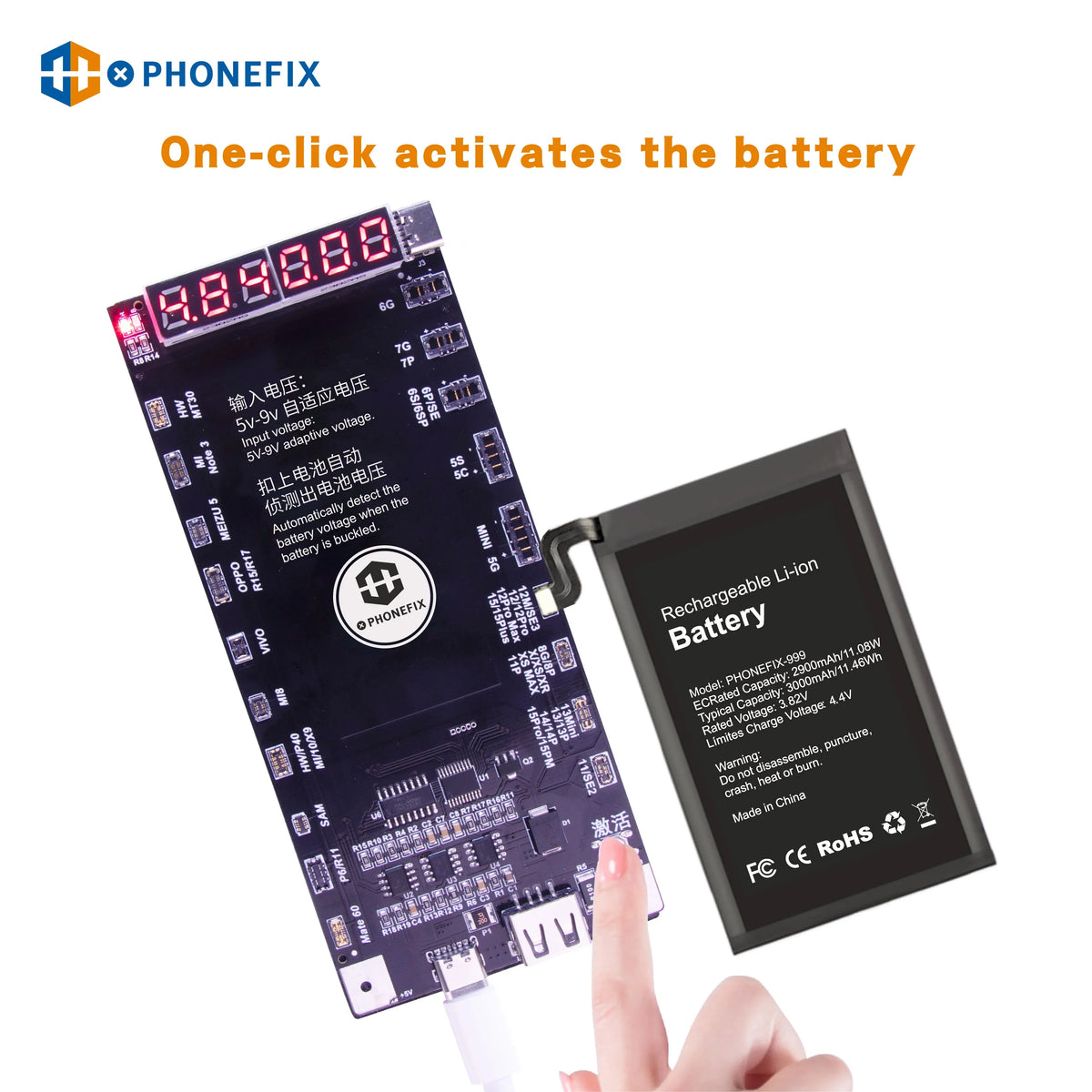PHONEFIX W209 Pro 2-in-1 iPhone and Android phone battery activation charge board and battery tester tool on a white background.