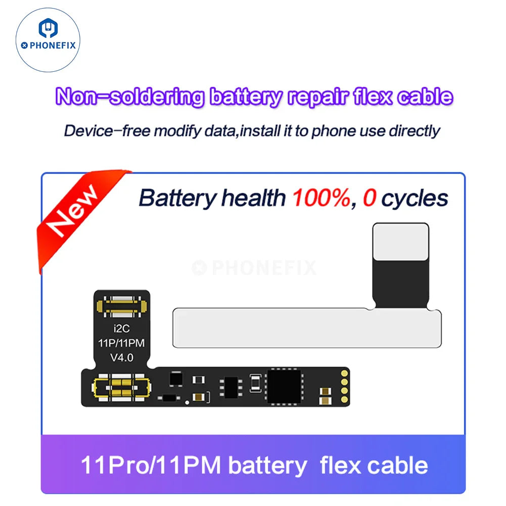 i2C Tag-on Battery Repair Flex Cable for iPhone 11-15 Pro Max, used as a battery tester tool by PHONEFIX.