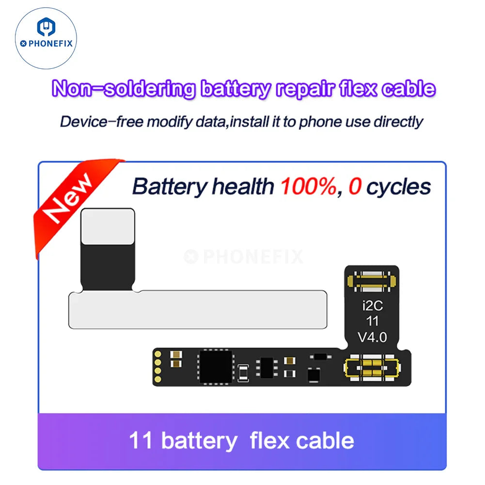 PHONEFIX i2C Tag-on Battery Repair Flex Cable for iPhone 11-15 Pro Max, battery tester tool with flex cable connection.