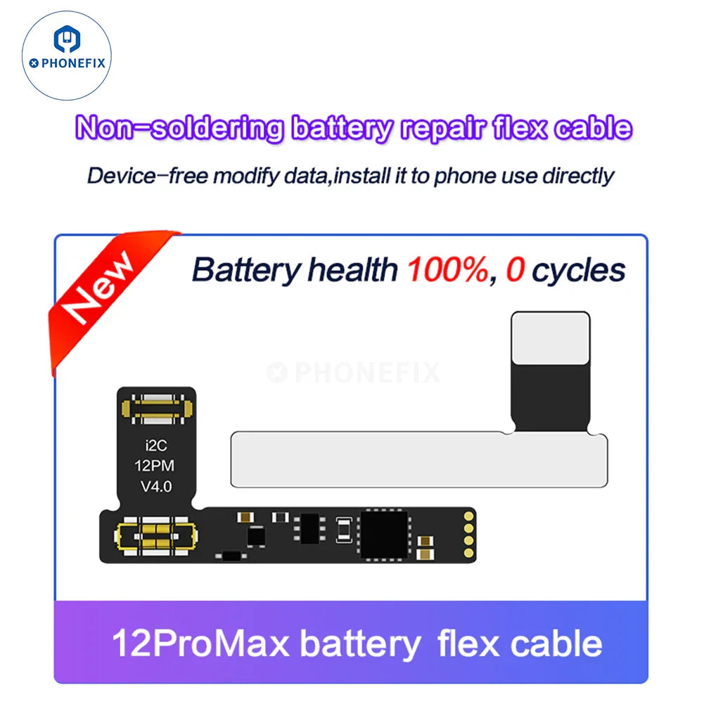 PHONEFIX i2C Tag-on Battery Repair Flex Cable for iPhone 11-15 Pro Max, battery tester tool with connectors and flex cable.