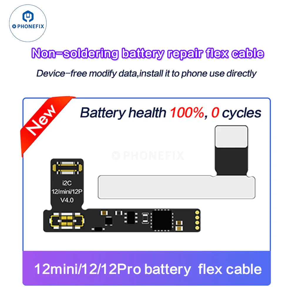 PhoneFix iPhone 11-15 Pro Max battery repair flex cable with integrated battery tester tool, designed for easy replacement and diagnostics.